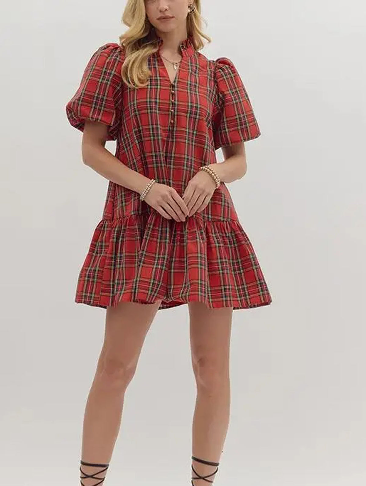 Red plaid short-sleeve A-line dress with button front and gathered waist, tiered skirt