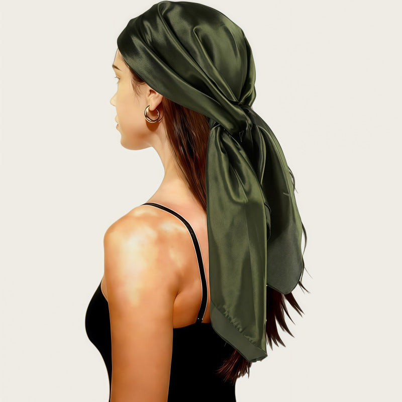 Olive green satin square scarf headscarf tied with a long bow at the back