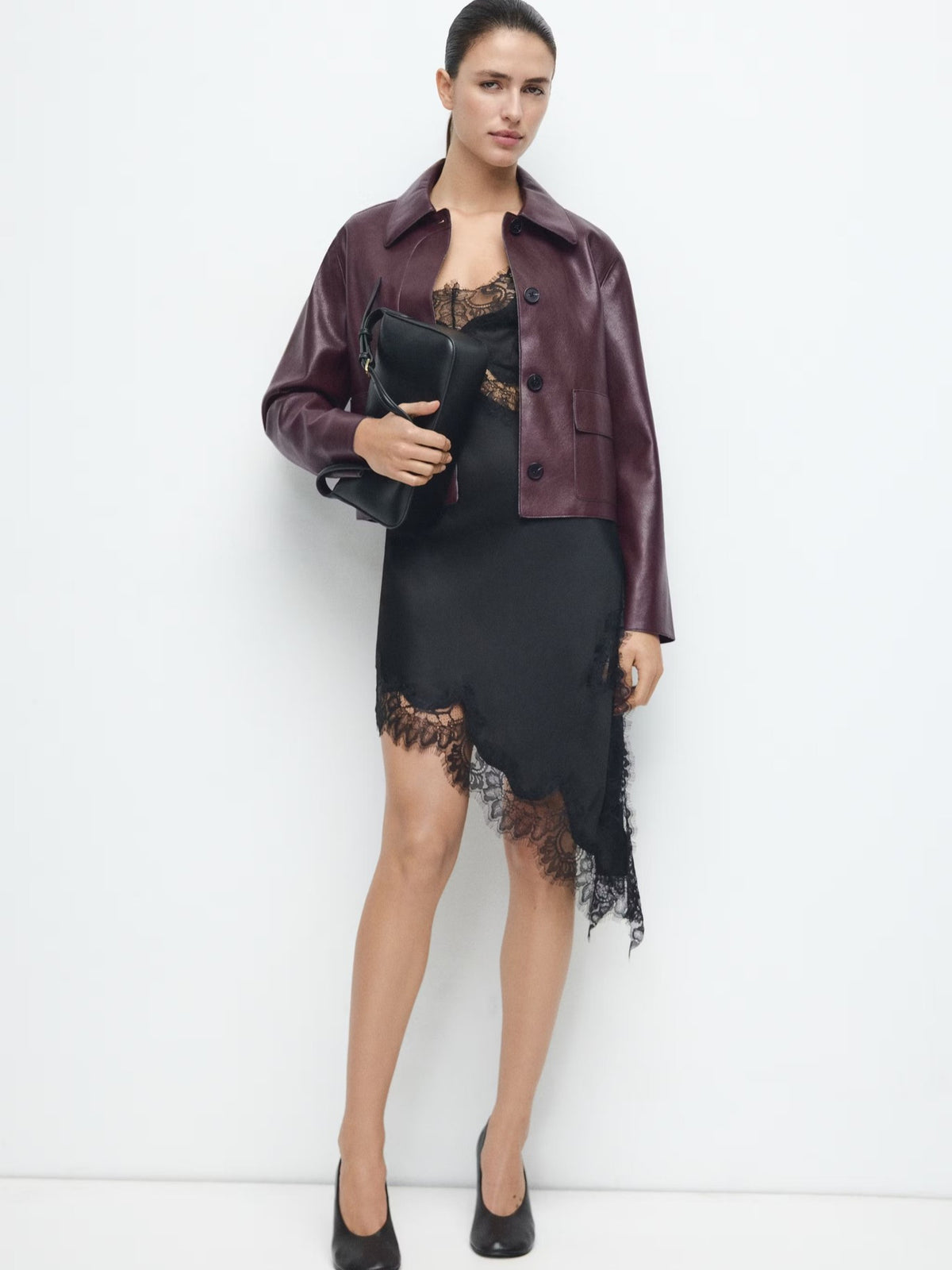 Women's wine red leather jacket, cropped with stand collar and button-front, long sleeves