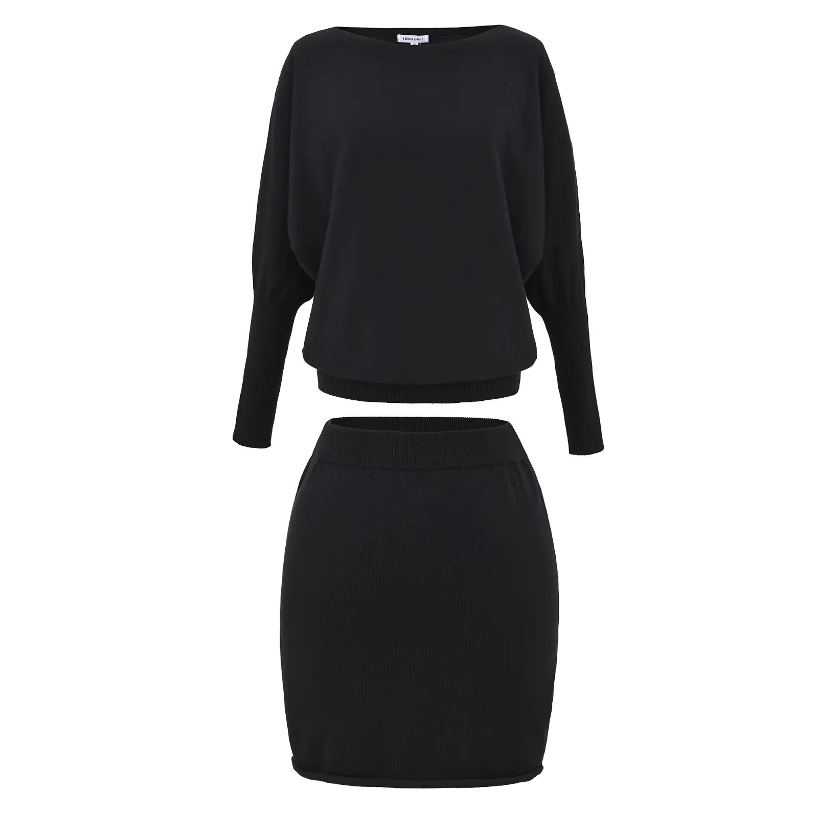 Black knitted off-shoulder sweater and hip skirt two-piece set