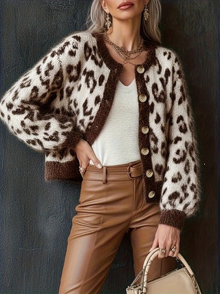 Women's leopard print knit cardigan with brown contrast and button front