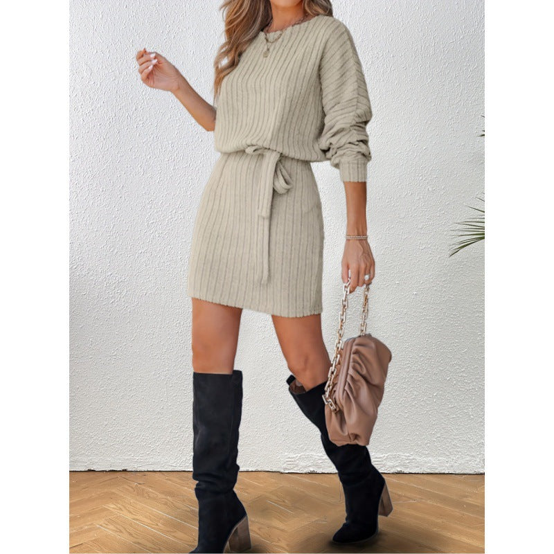 Belted Sweater Dress in a Mini Length — Batwing Sleeve Ribbed Knit with Tie Waist