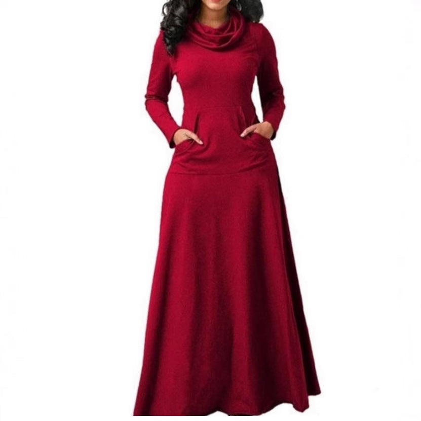 Maxi long-sleeve dress with cowl scarf neck and side pockets, red