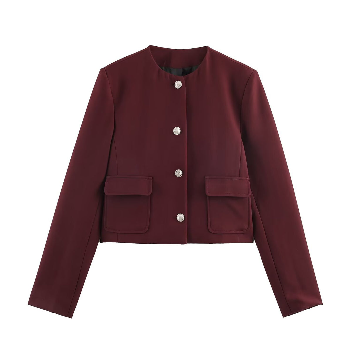 Cropped Blazer for Women — Collarless Button Front Jacket in Wool Blend