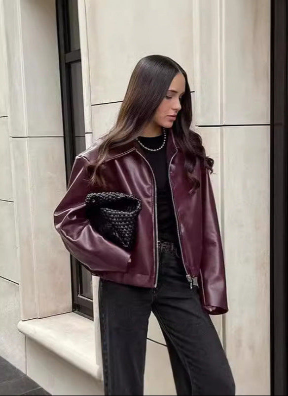 Faux Leather Bomber Jacket for Women — Oversized Cropped Fit with Point Collar