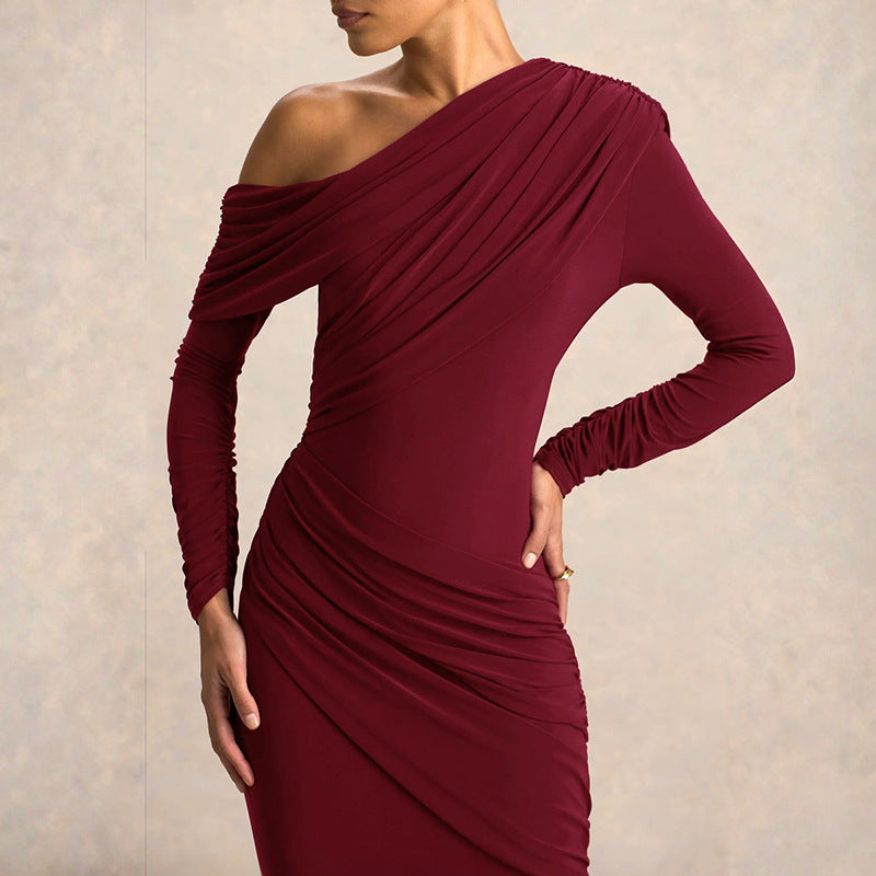 Wine red off-shoulder draped long dress with pleated twist detail and long sleeves