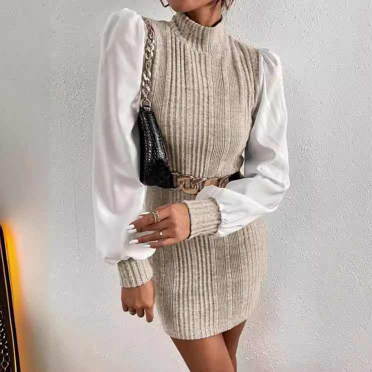 Ribbed Knit Mini Dress — Mock Neck Bodycon with Contrast Poplin Balloon Sleeves