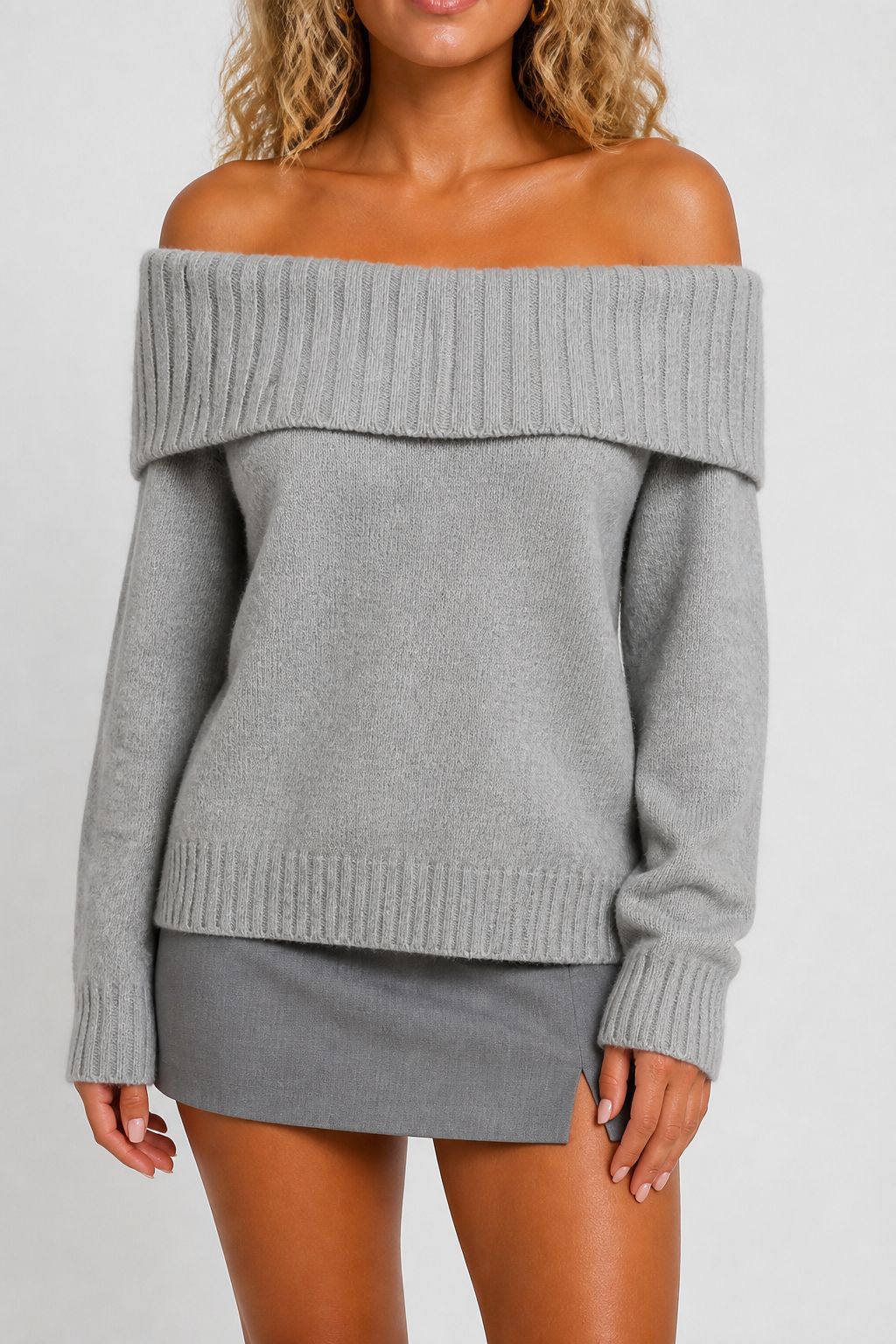 Off Shoulder Sweater for Women — Oversized Fold Over Collar Knit in Soft Wool Blend