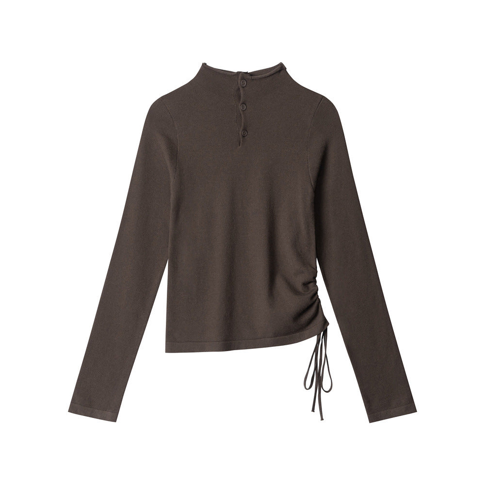 Women’s dark brown long-sleeve knit sweater, stand collar, button placket, drawstring hem