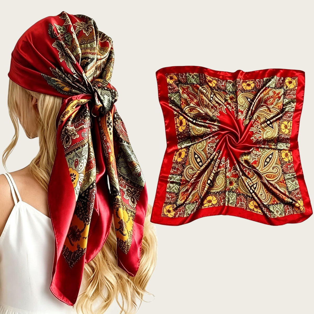 90cm satin square scarf in red and gold paisley floral print, knotted headscarf