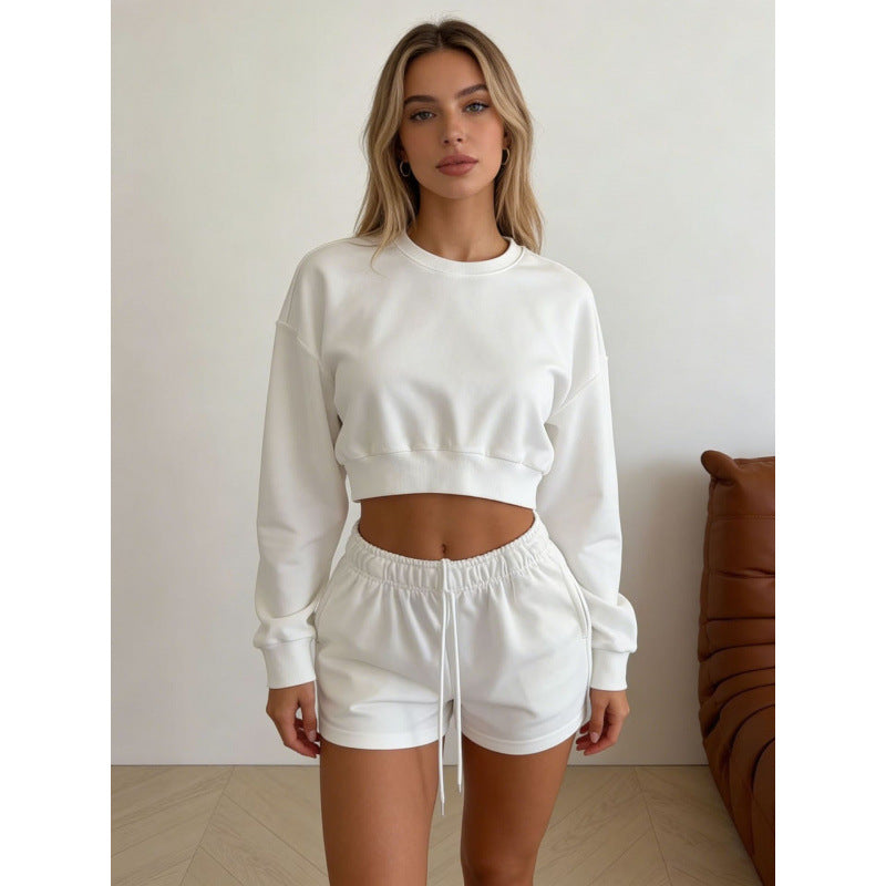 Sweatshirt and Shorts Set for Women — Cropped Crewneck Two Piece Lounge Set in Cotton Fleece