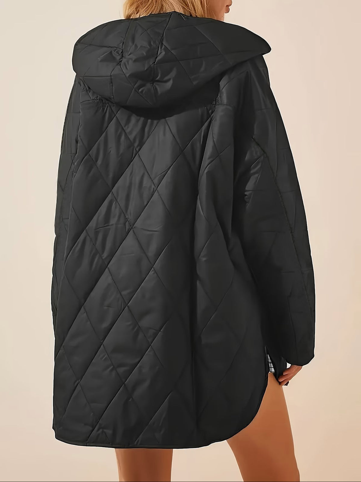 Black quilted hooded mid-length coat, back view with diamond stitch quilting