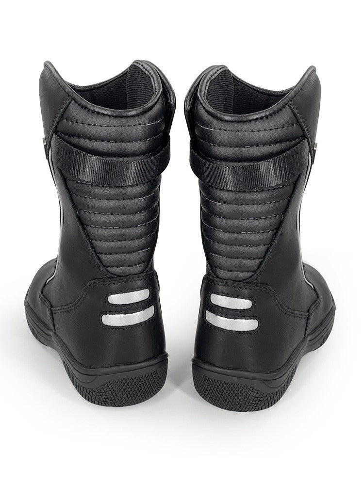 Black pair of ankle cycling boots with ribbed side panels and rear pull loops