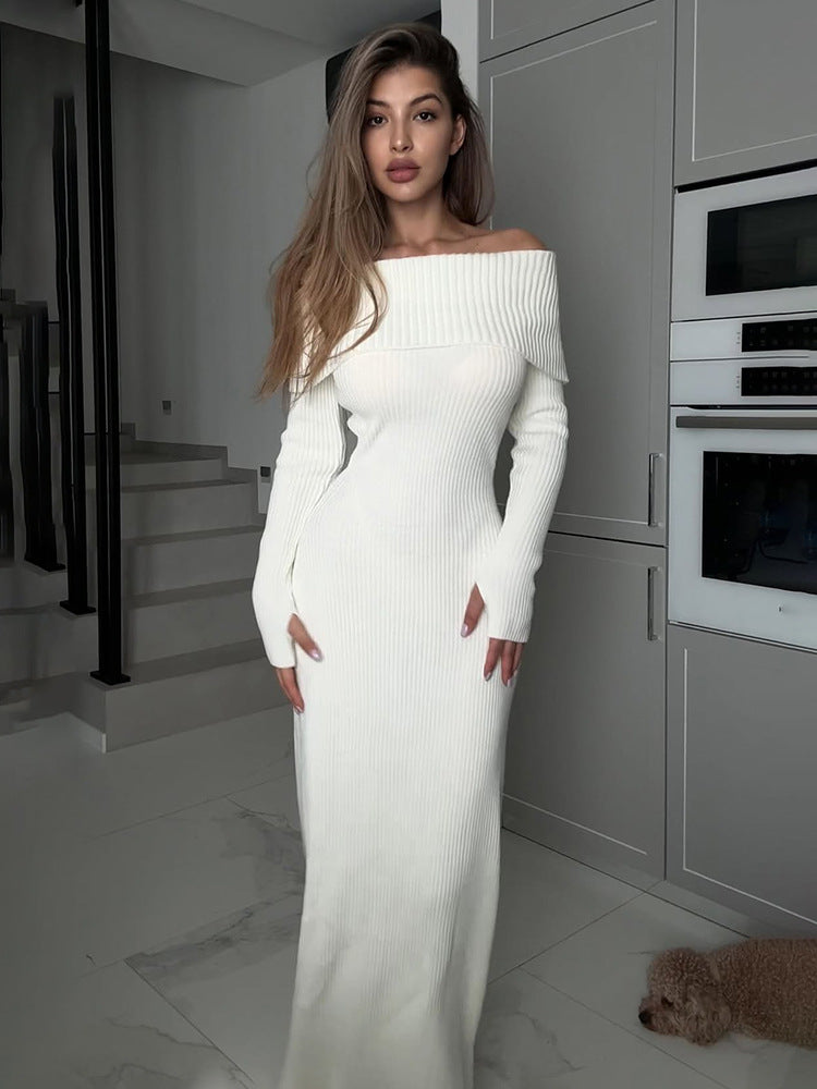 Off Shoulder Maxi Dress — Ribbed Knit Bodycon with Fold Over Neckline and Long Sleeves