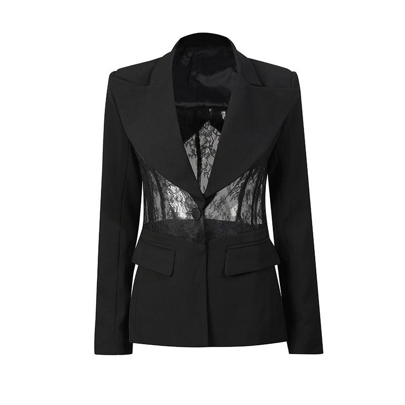 Women's black crepe blazer with sheer corset waist cutout and lace panel detail