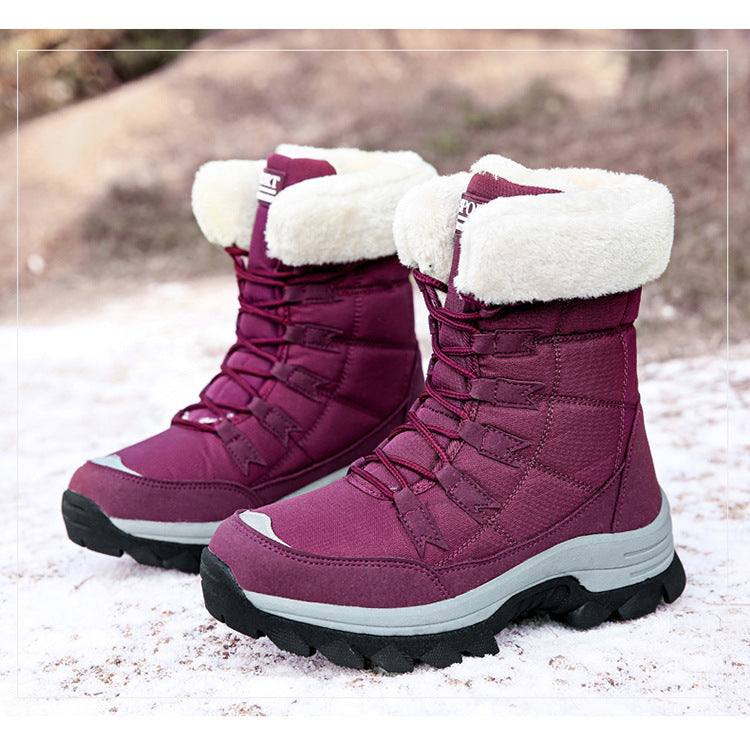 Burgundy lace-up snow boots with white faux-fur trim and chunky tread sole