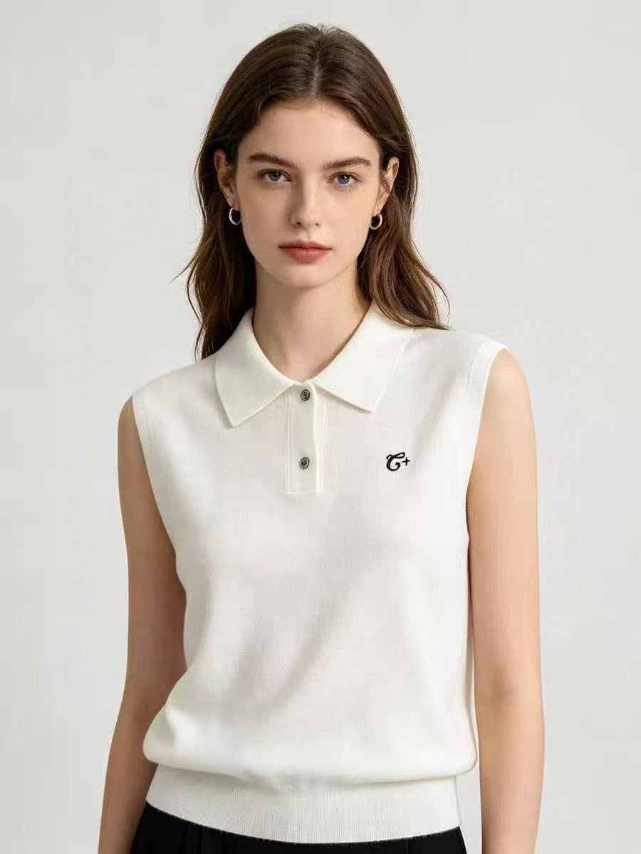 Sleeveless Knit Polo Top for Women — Collared Sweater Vest Style in Fine Cotton