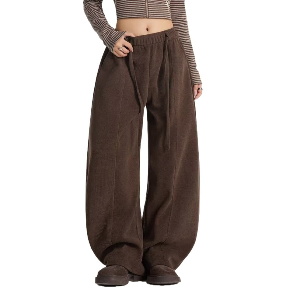 Corduroy Wide Leg Pants for Women — High Waist Drawstring Barrel Leg Fit