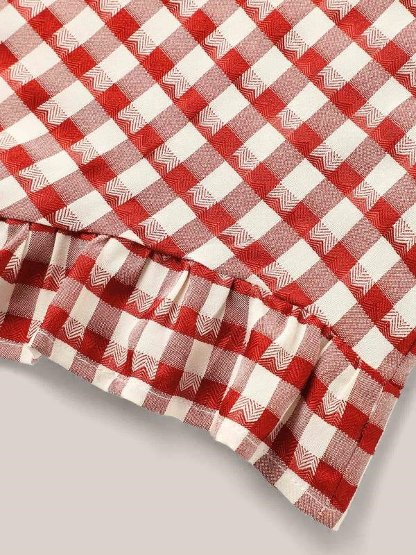 Gingham Blouse — Short Sleeve Ruffle Trim Top with a Back Button Placket in Cotton