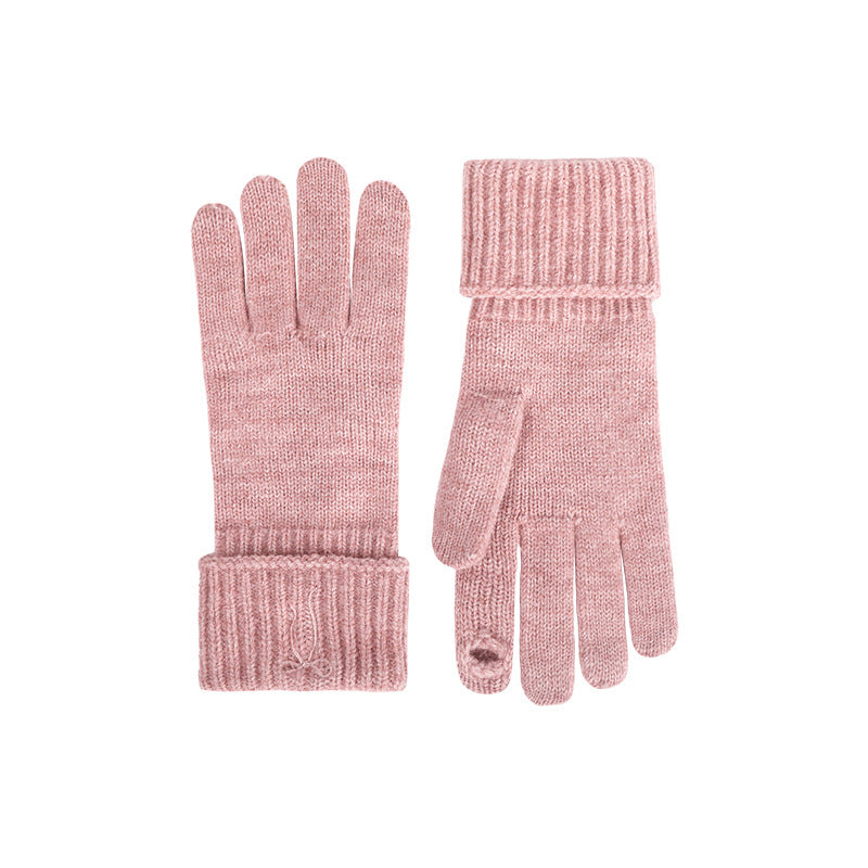 Pink knitted gloves shown front and back, with ribbed cuffs and touch-screen fingertips.