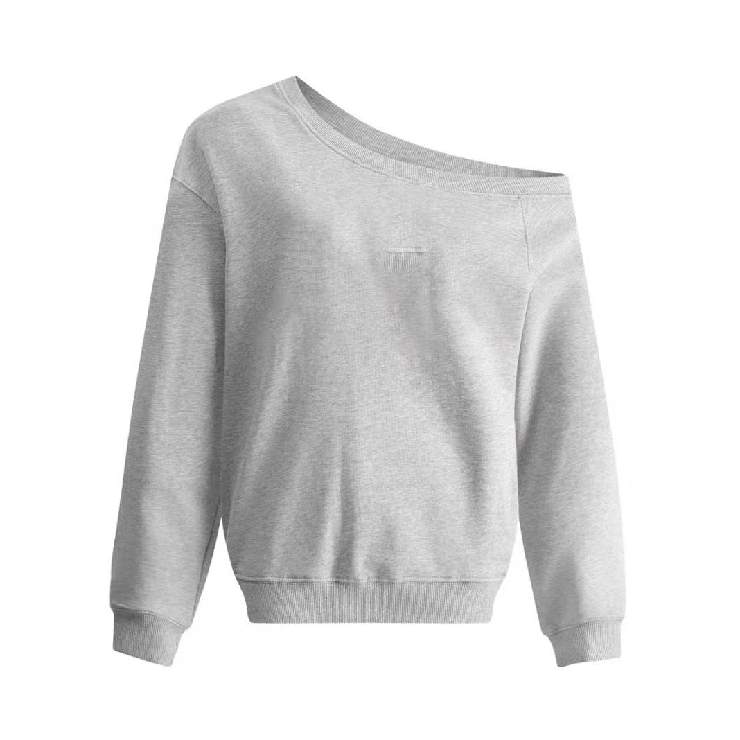 Gray asymmetric one-shoulder sweatshirt, loose fit, long sleeves, rounded neckline