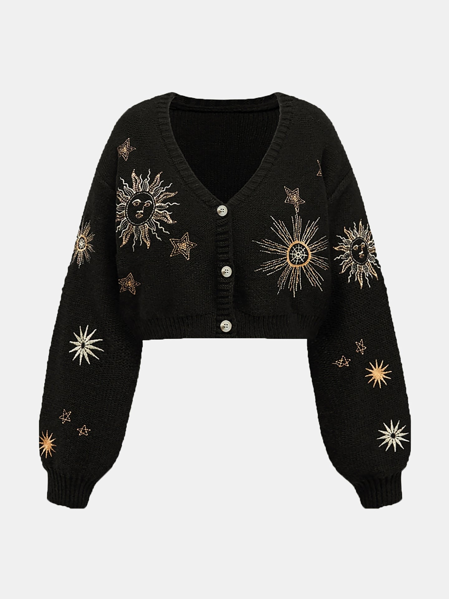 Embroidered Cropped Cardigan for Women — V Neck Sun and Star Knit in Wool
