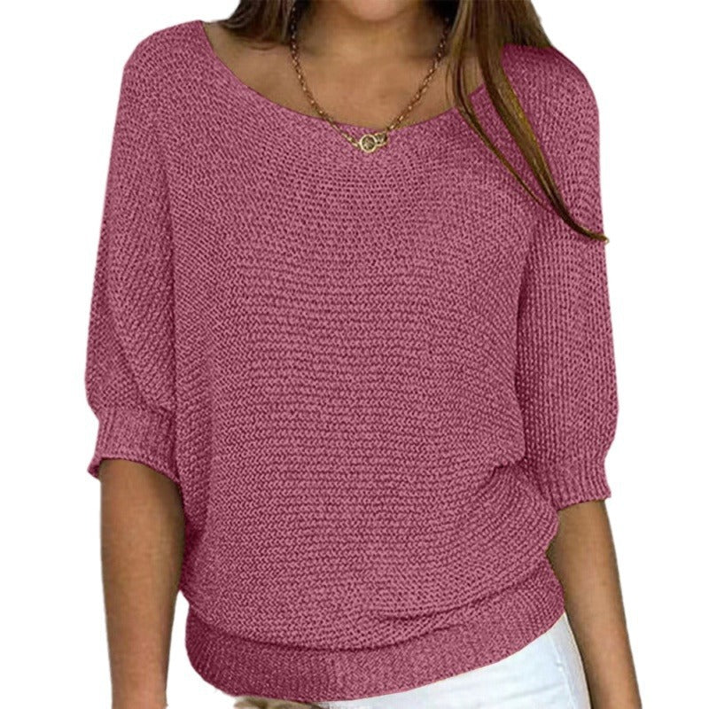 Off-shoulder knit sweater in berry pink, batwing sleeves with gathered cuff detail