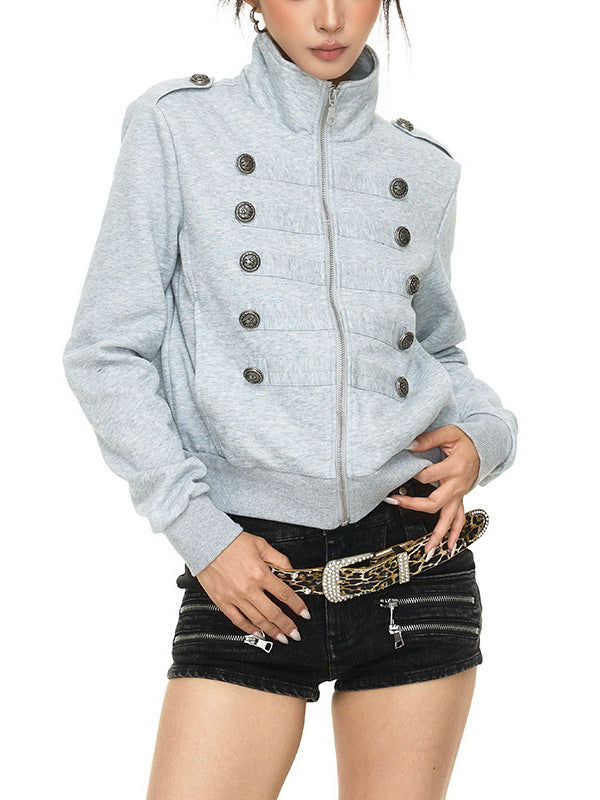 Gray zip-up double-breasted cardigan jacket with stand collar and decorative buttons