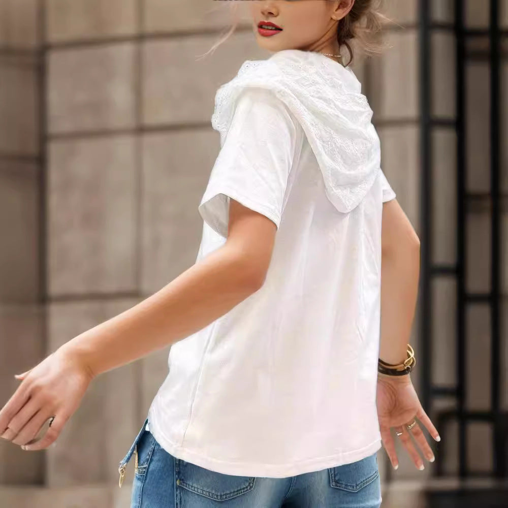 White hoodie sweatshirt with short sleeves and attached hood, front snap placket