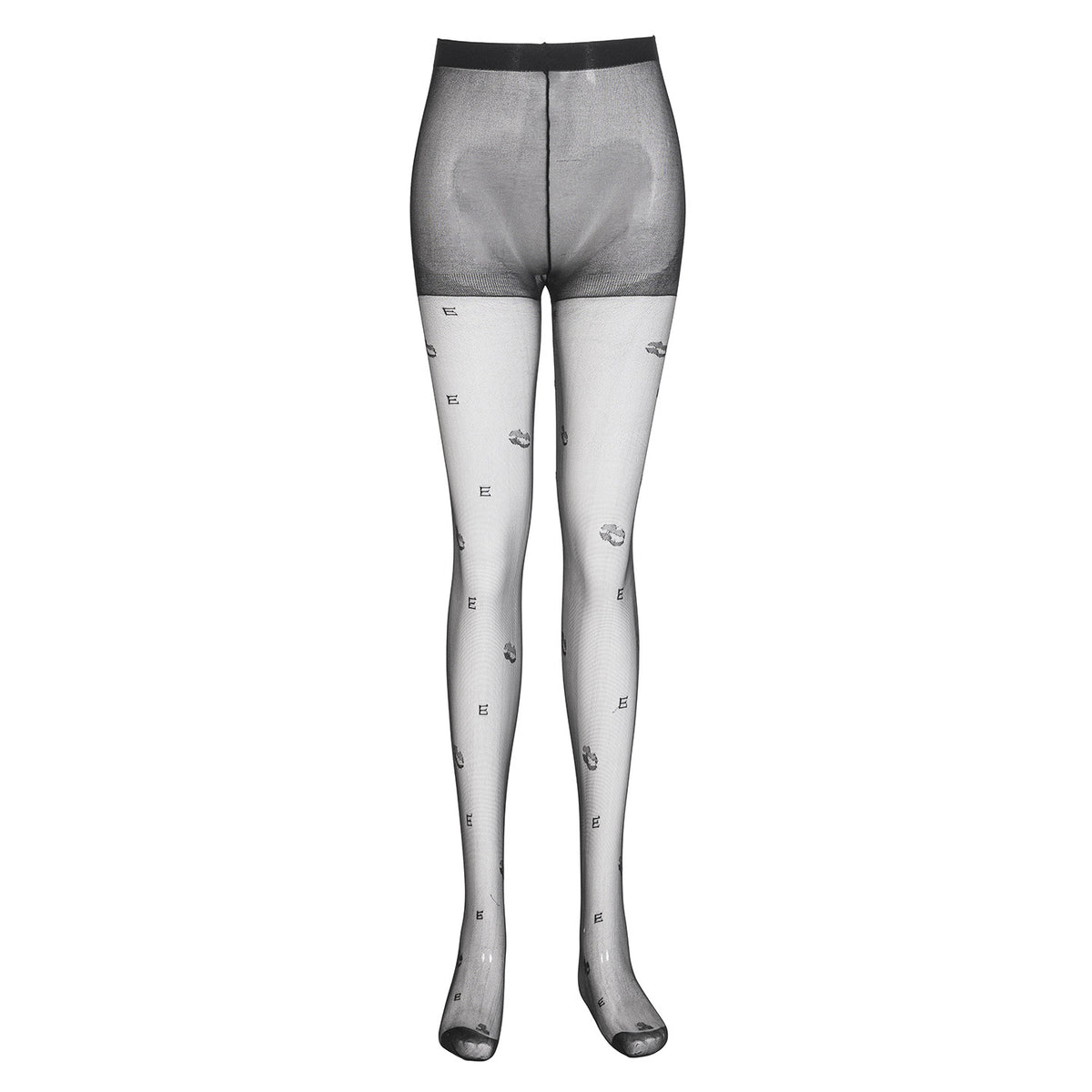 Black sheer stockings flat lay, full leg with lip jacquard pattern