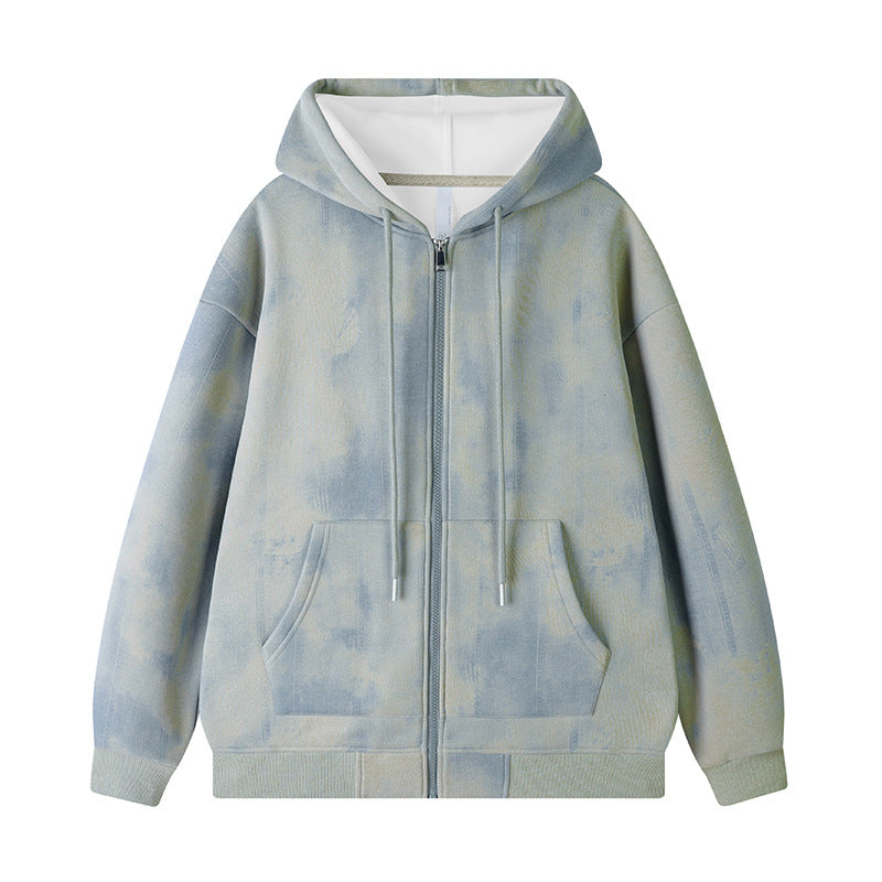 Blue-green hooded zip cardigan sweatshirt with drawstring hood and front pockets