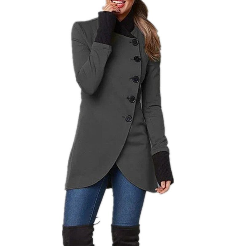 Charcoal gray long coat with button front, long sleeves, and high side-slit hem