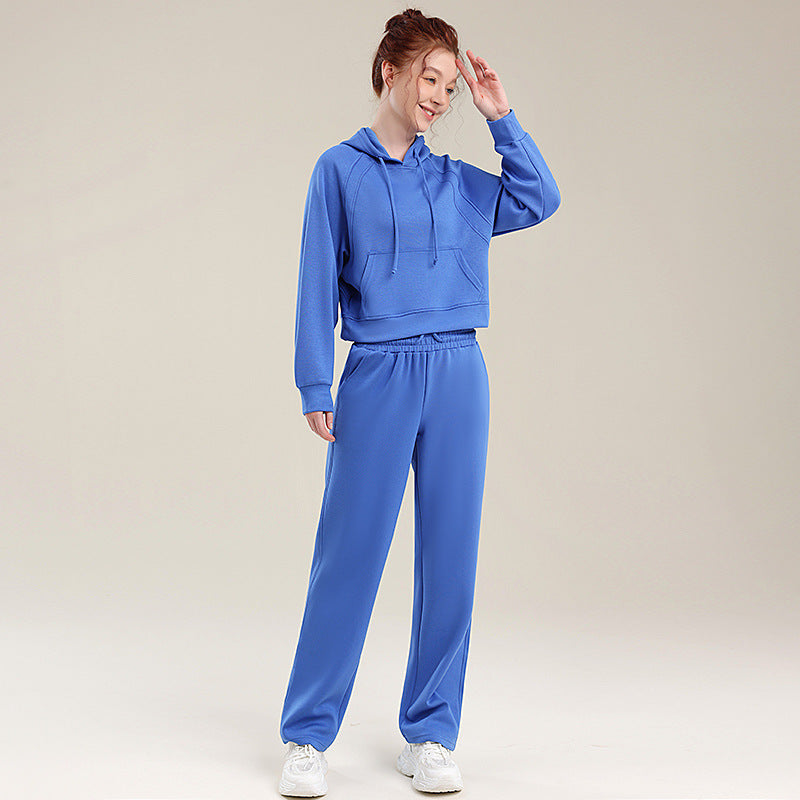 Blue hooded sweatshirt and matching jogger pants set with drawstring hood and side seam lines