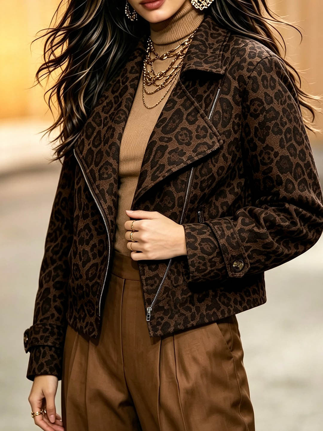 Brown leopard print faux-suede jacket with asymmetrical zipper and notched lapels