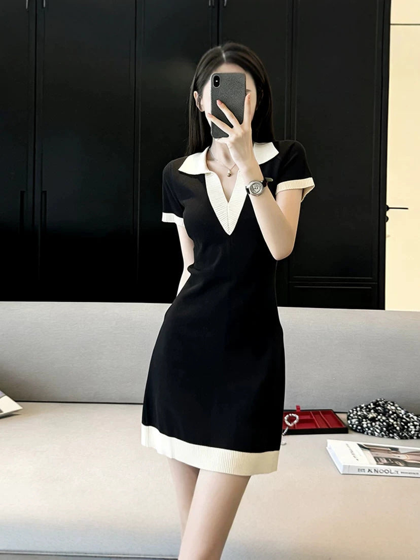Polo Mini Dress — Contrast Collar Knit with Short Sleeves and Ribbed Hem in Viscose
