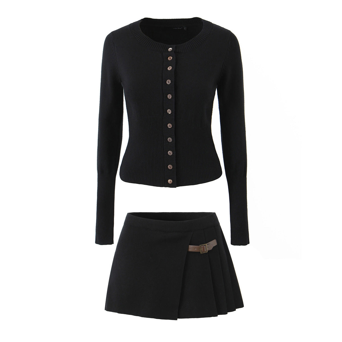 Black fitted knit cardigan with button front and pleated mini skirt set