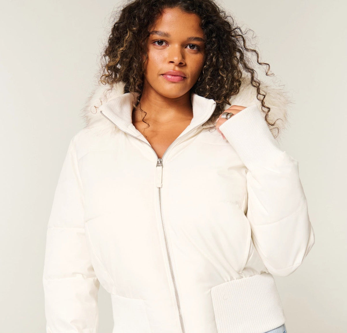 Short zip-up cotton jacket, white, with stand collar and ribbed hem