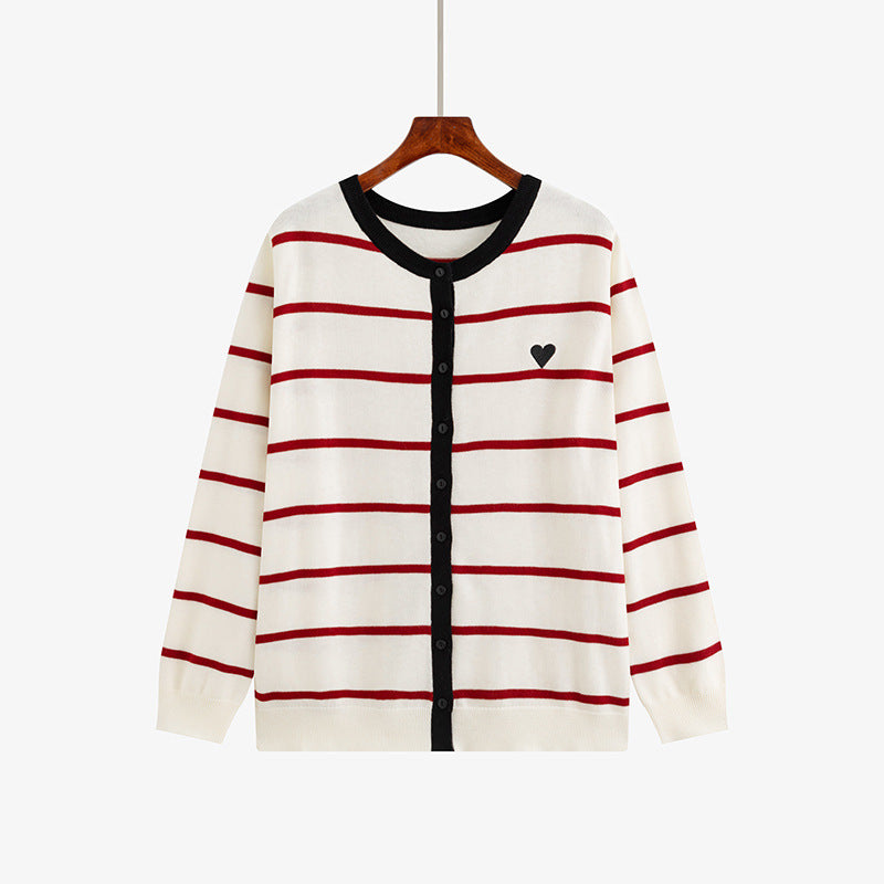 Striped Cardigan for Women — Button Front Knit with Contrast Trim in Soft Cotton