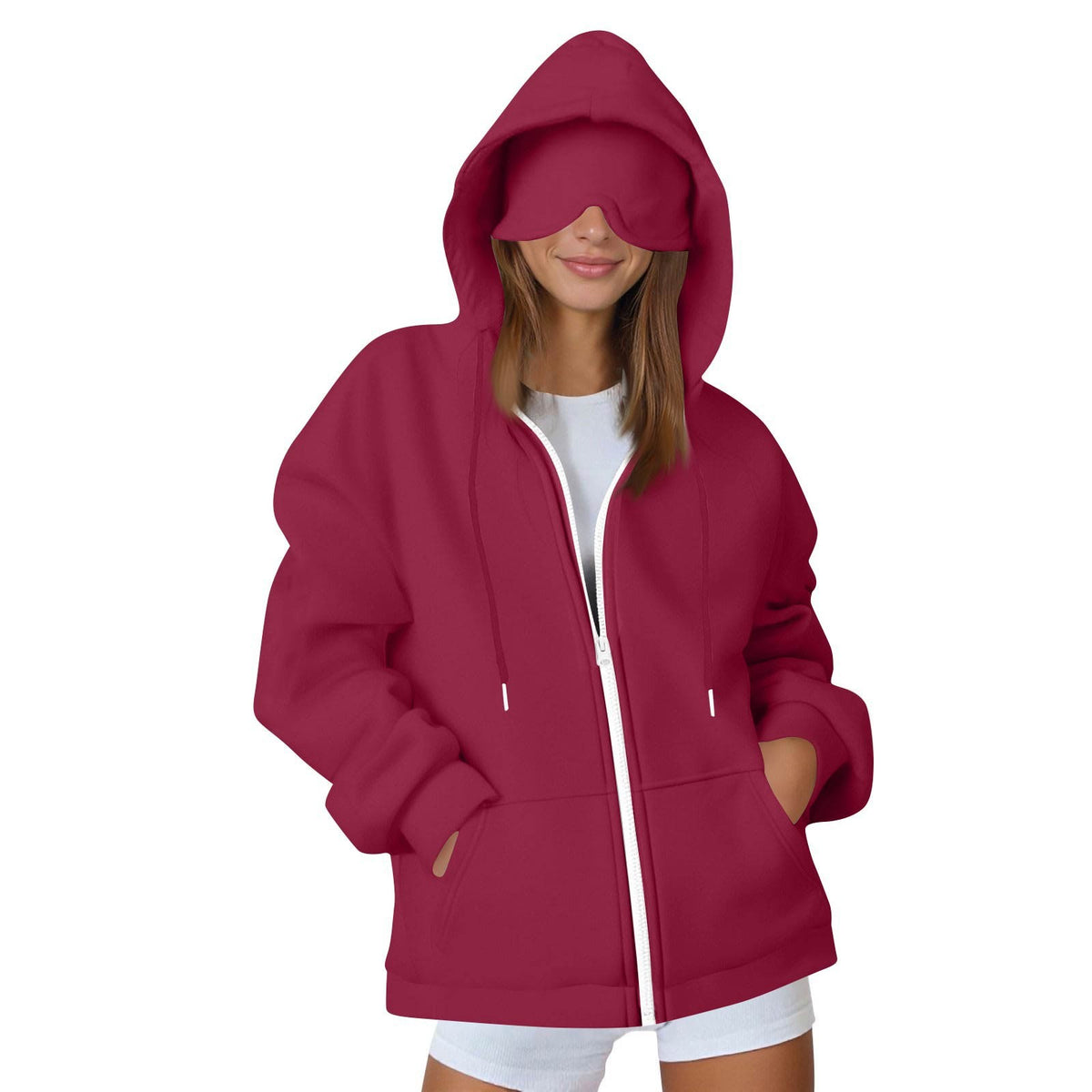 Women\'s zip-up hooded sweatshirt jacket in burgundy, full front zipper, side pockets