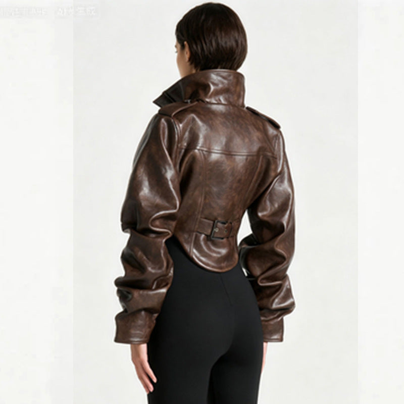 Women's brown leather jacket back view with belt strap and stand collar