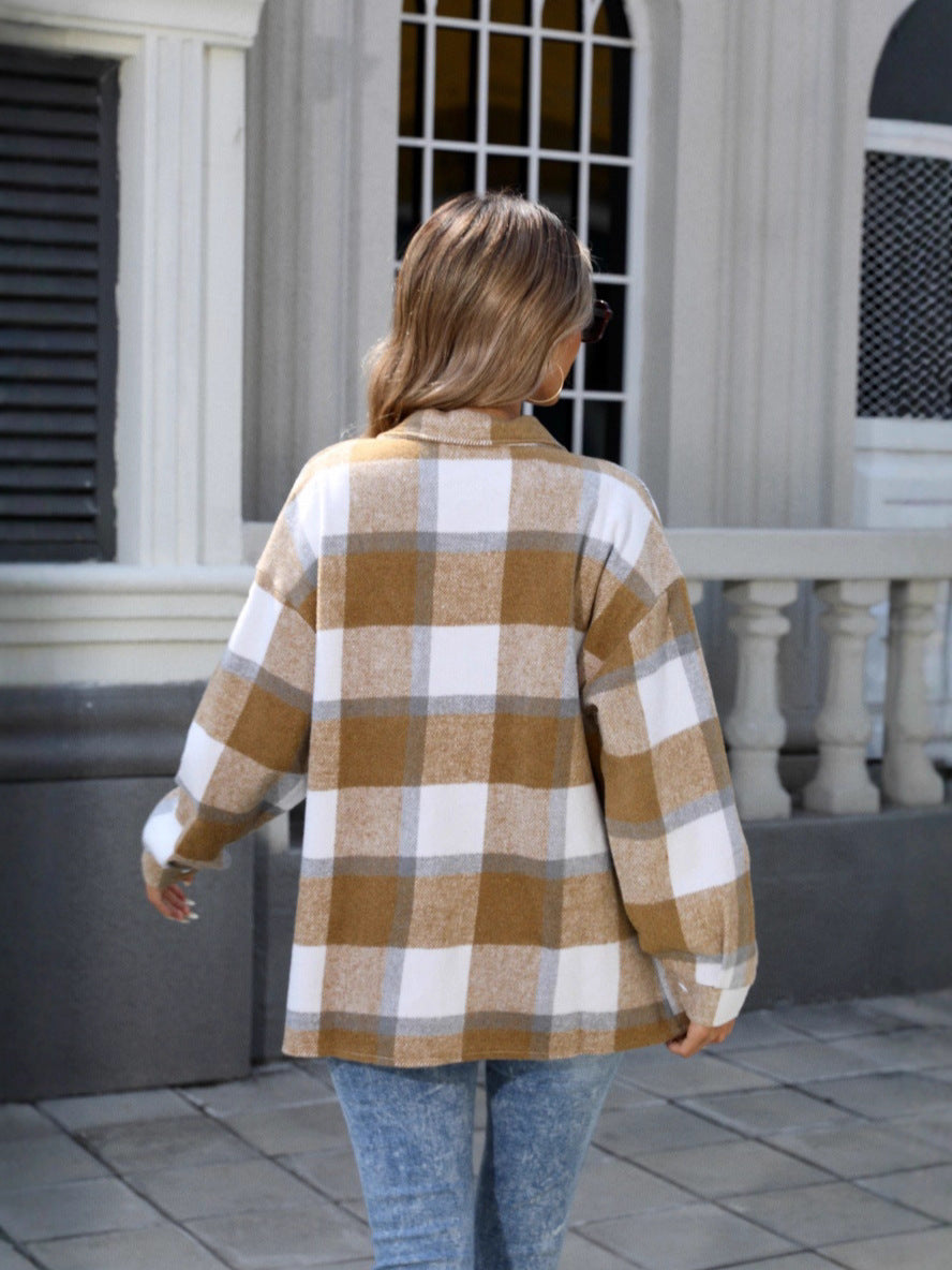 Plaid Shacket for Women — Oversized Button Front Shirt Jacket in Brushed Wool Blend