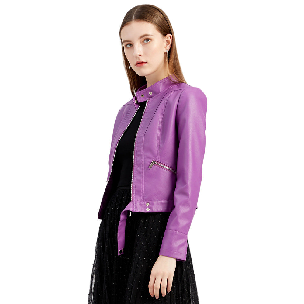 Women’s purple faux leather cropped jacket, slim fit, zip pockets and snap collar
