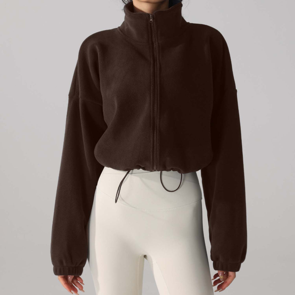 Cropped Fleece Jacket for Women — Zip Up Stand Collar with Drawstring Hem