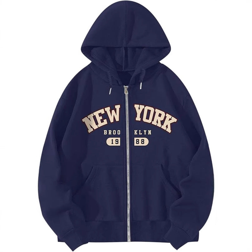 Navy zip-up hooded sweatshirt with NEW YORK and Bklyn graphic, zip front pockets