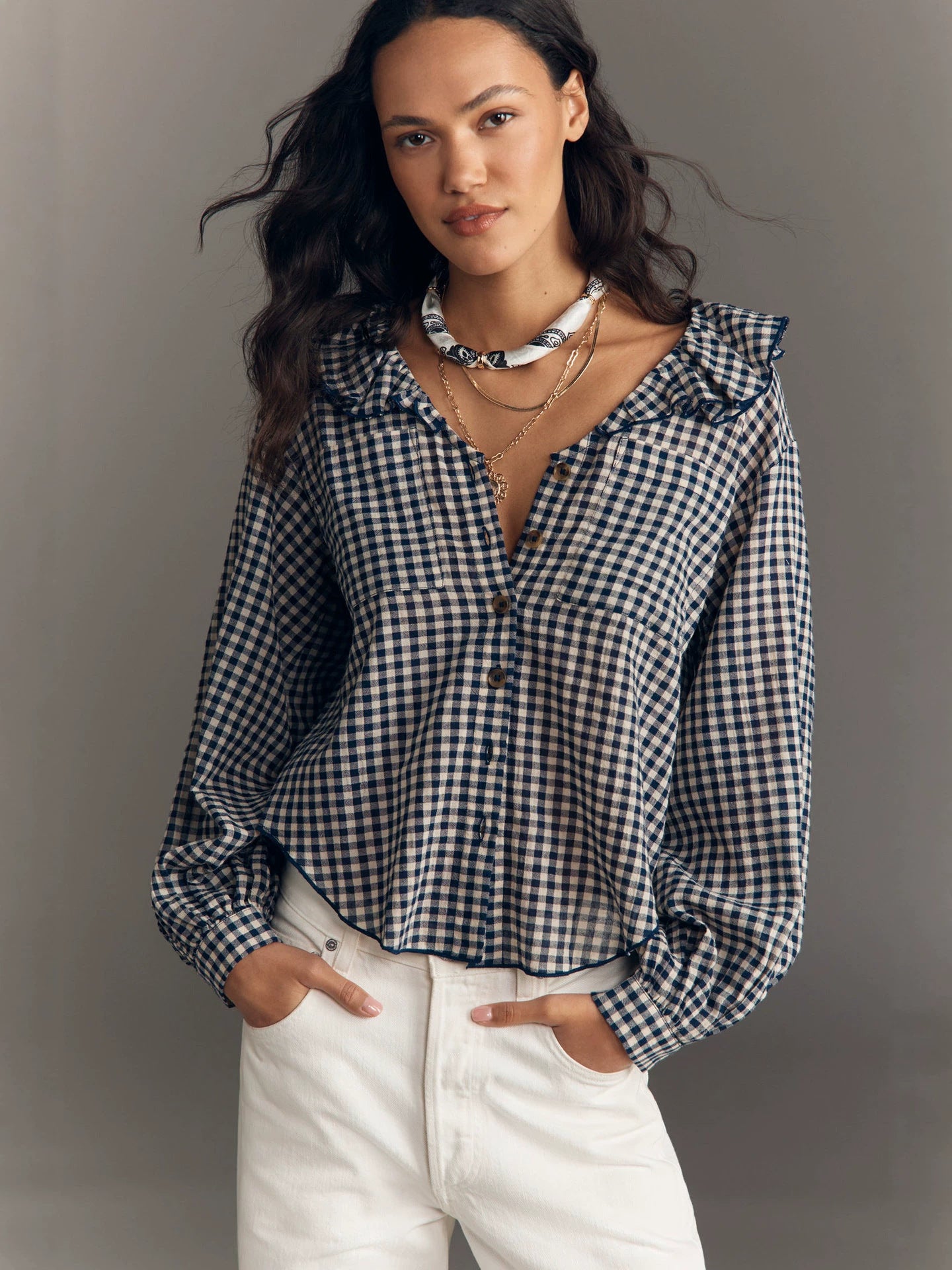 Ruffle Collar Blouse — Gingham Check with Puff Sleeves and Button Front in Cotton