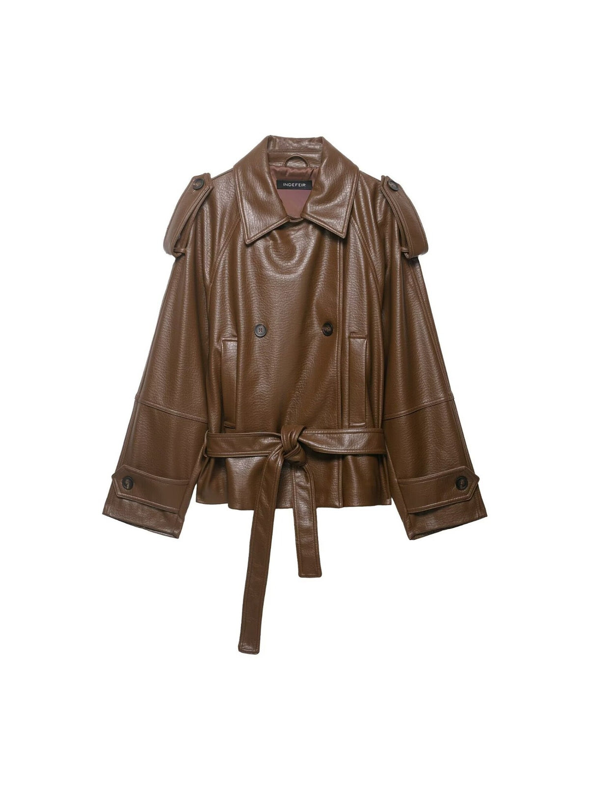Brown pebbled leather short double-breasted belted motorcycle jacket, studio front view