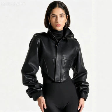 Women's black leather jacket with stand collar and front zipper