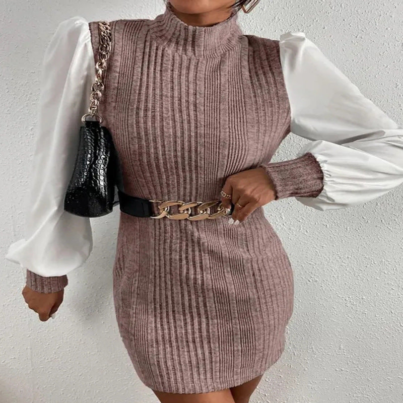 Ribbed Knit Mini Dress — Mock Neck Bodycon with Contrast Poplin Balloon Sleeves