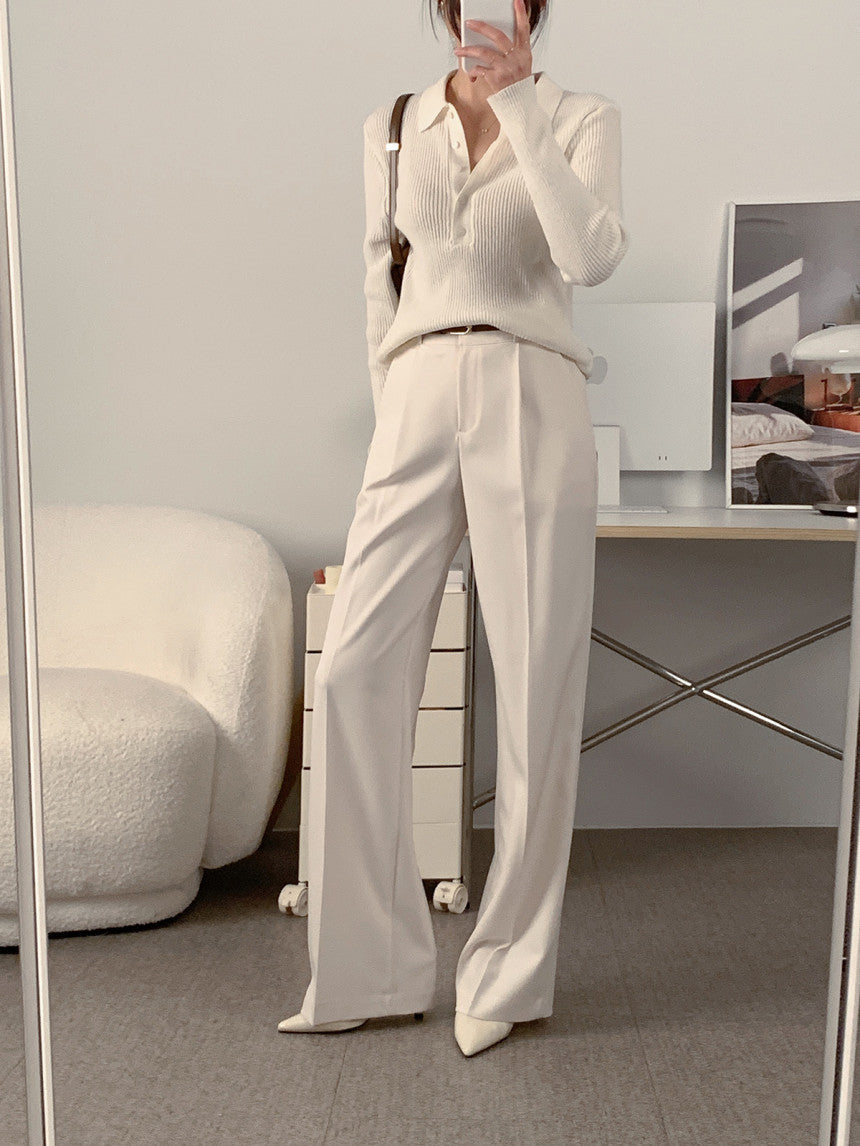 White knit polo collar long-sleeve top with button placket and vertical rib texture.