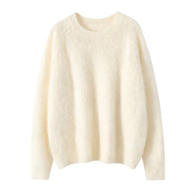 Cream round-neck cashmere pullover sweater, long sleeves, classic loose fit